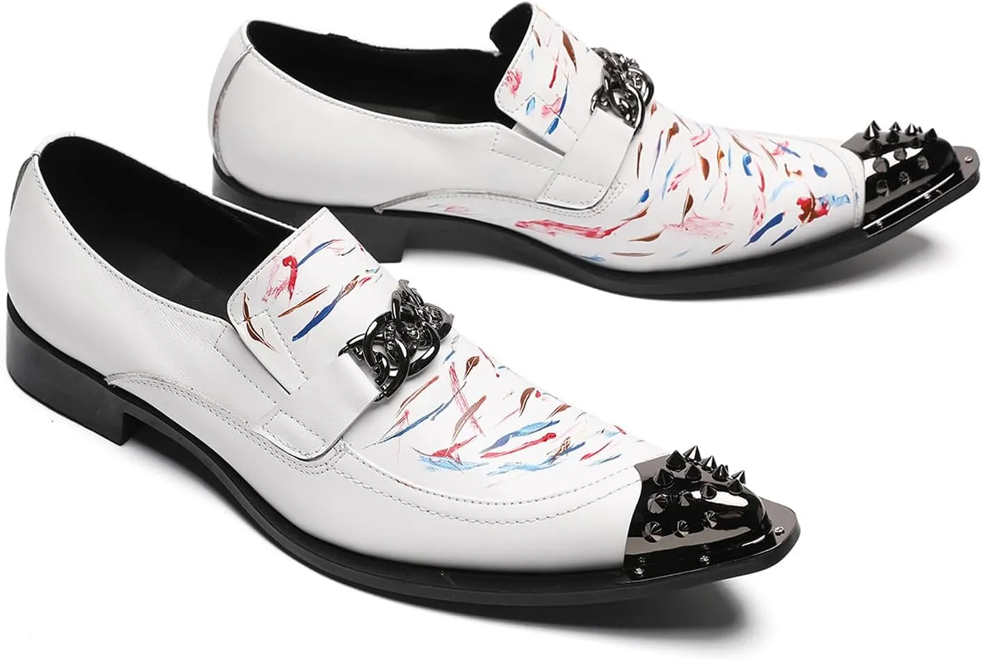 Men's Leather Shoes, Temperament Graffiti Metal tip Men's Dress Shoes, Wedding Party Banquet Host Nightclub Barber Stage Uniform Office Work Shoes