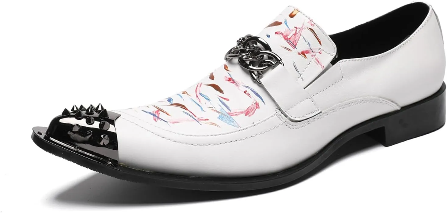 Men's Leather Shoes, Temperament Graffiti Metal tip Men's Dress Shoes, Wedding Party Banquet Host Nightclub Barber Stage Uniform Office Work Shoes