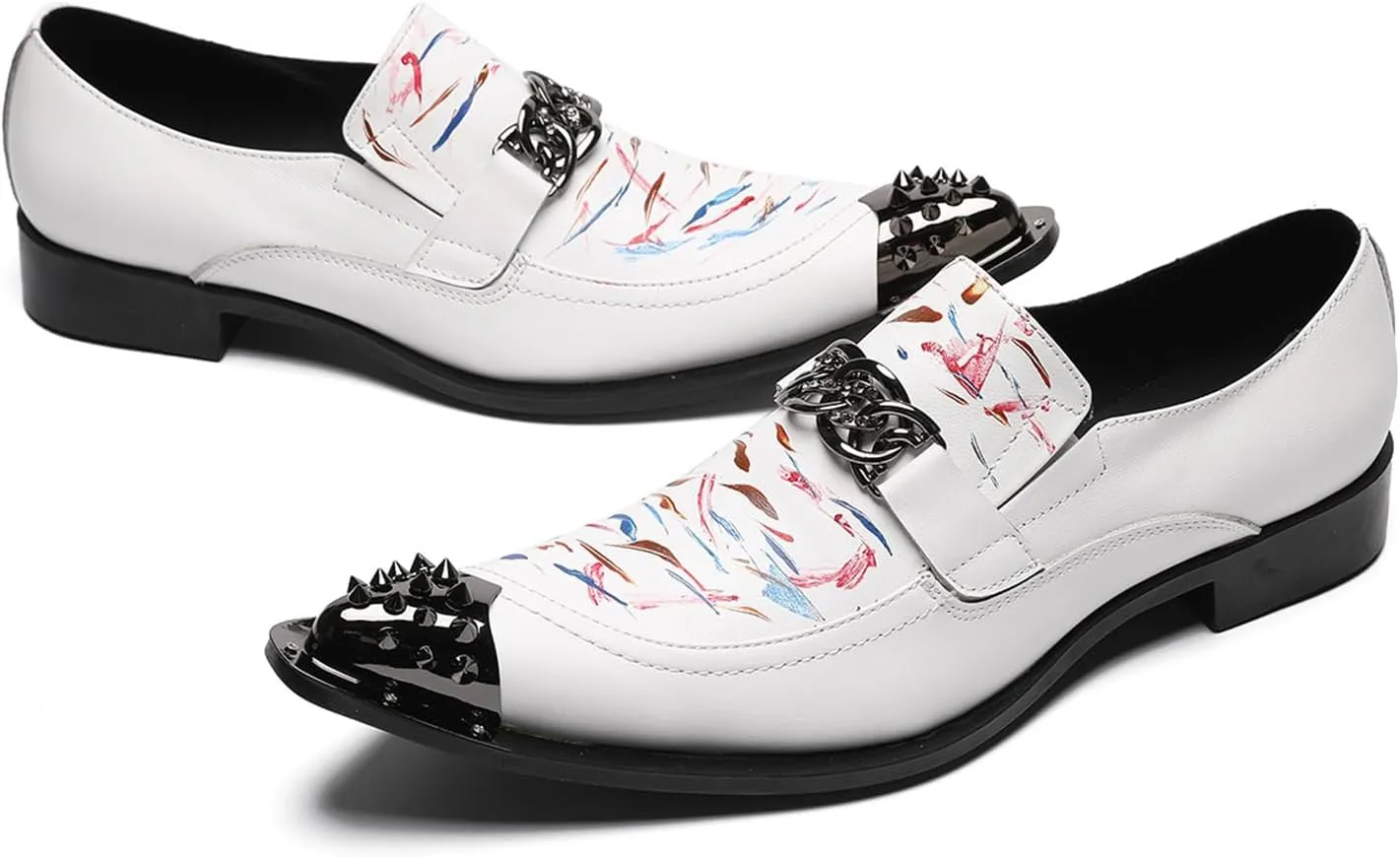 Men's Leather Shoes, Temperament Graffiti Metal tip Men's Dress Shoes, Wedding Party Banquet Host Nightclub Barber Stage Uniform Office Work Shoes