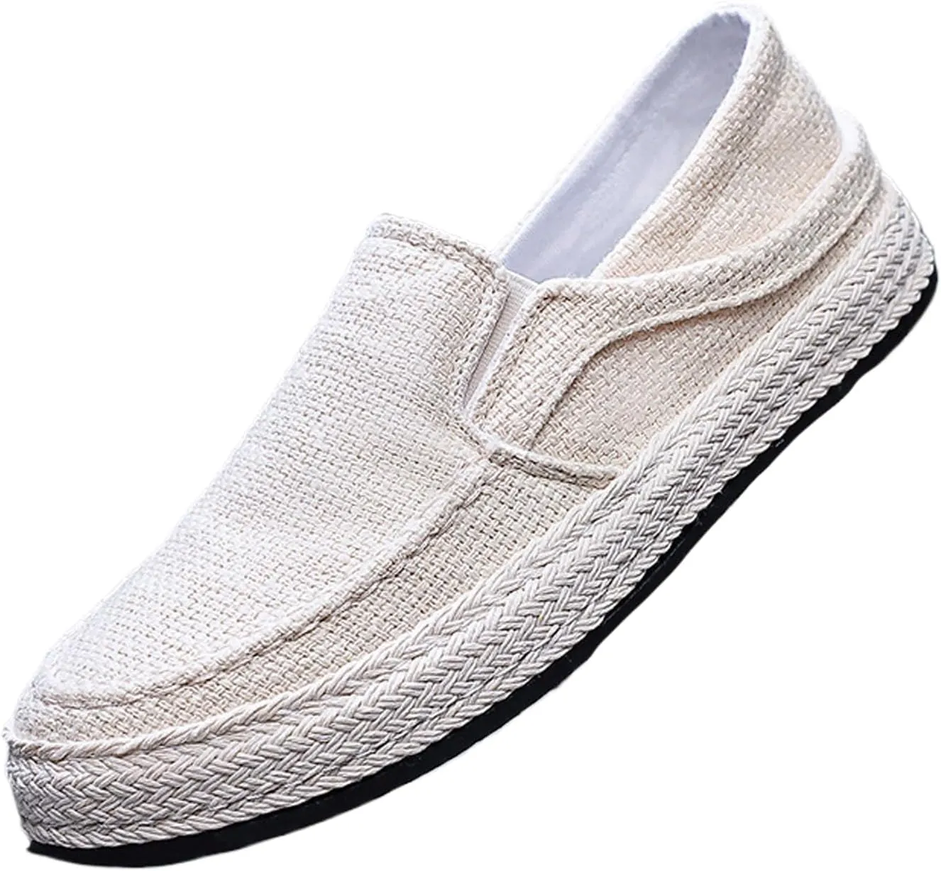Men's Linen Woven Wide Width Flat Casual Loafers Comfortable Round Toe Lightweight Breathable Non-Slip Slip-On Walking Board Shoes