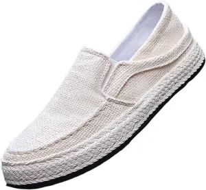 Men's Linen Woven Wide Width Flat Casual Loafers Comfortable Round Toe Lightweight Breathable Non-Slip Slip-On Walking Board Shoes