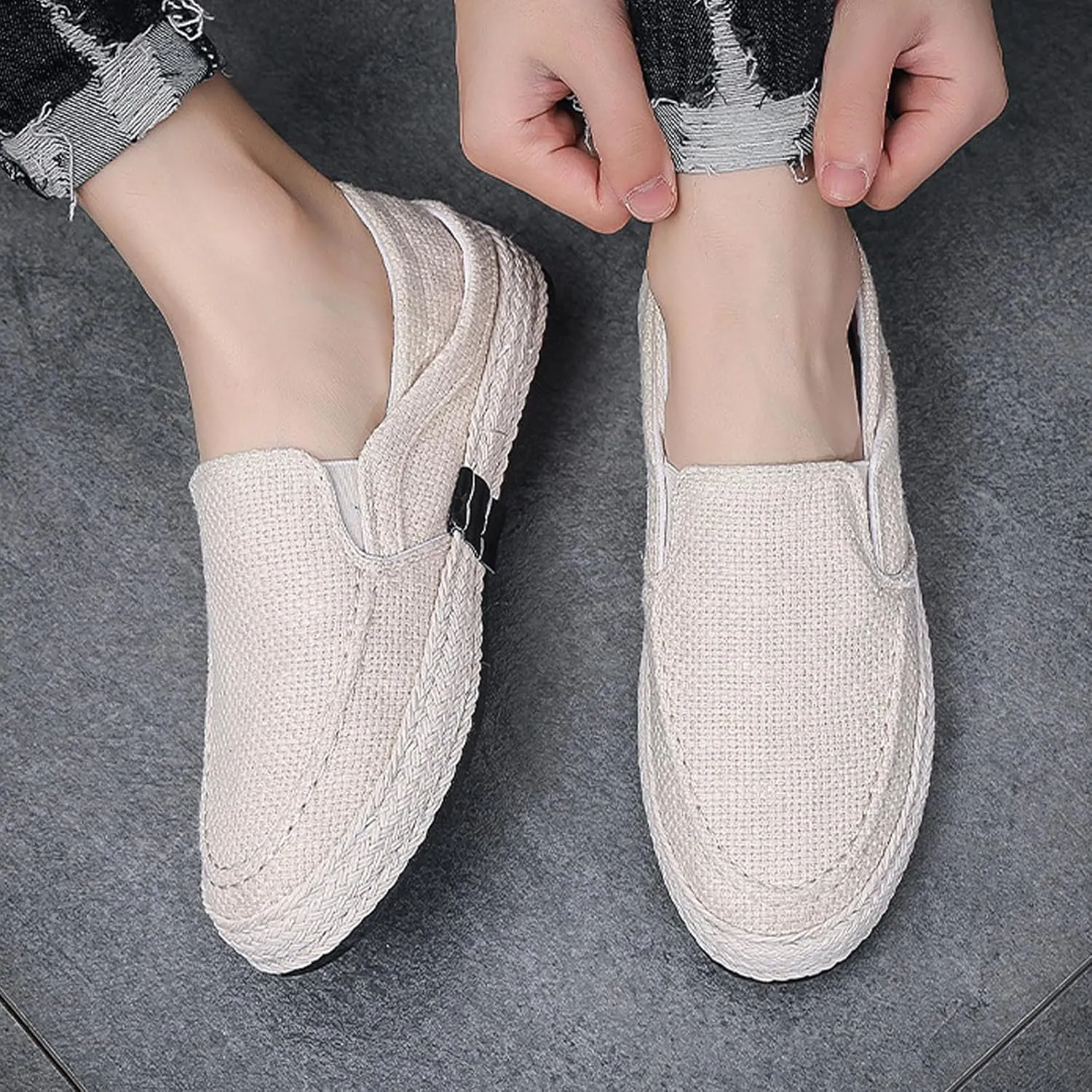 Men's Linen Woven Wide Width Flat Casual Loafers Comfortable Round Toe Lightweight Breathable Non-Slip Slip-On Walking Board Shoes