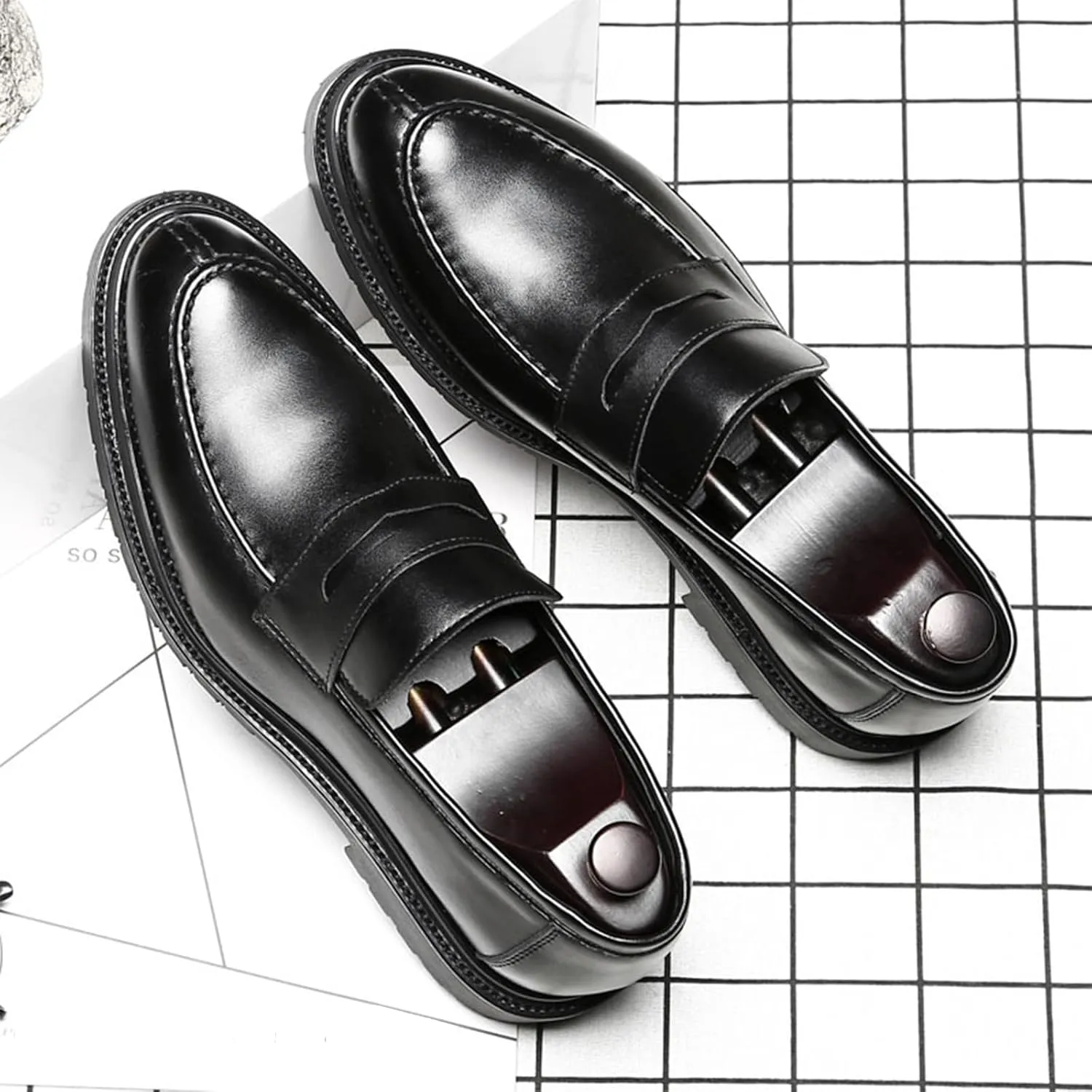 Men's Round Toe Chunky Leather Casual Loafers, Fashionable Slip-On Convex Non-Slip Retro Formal Penny Loafers