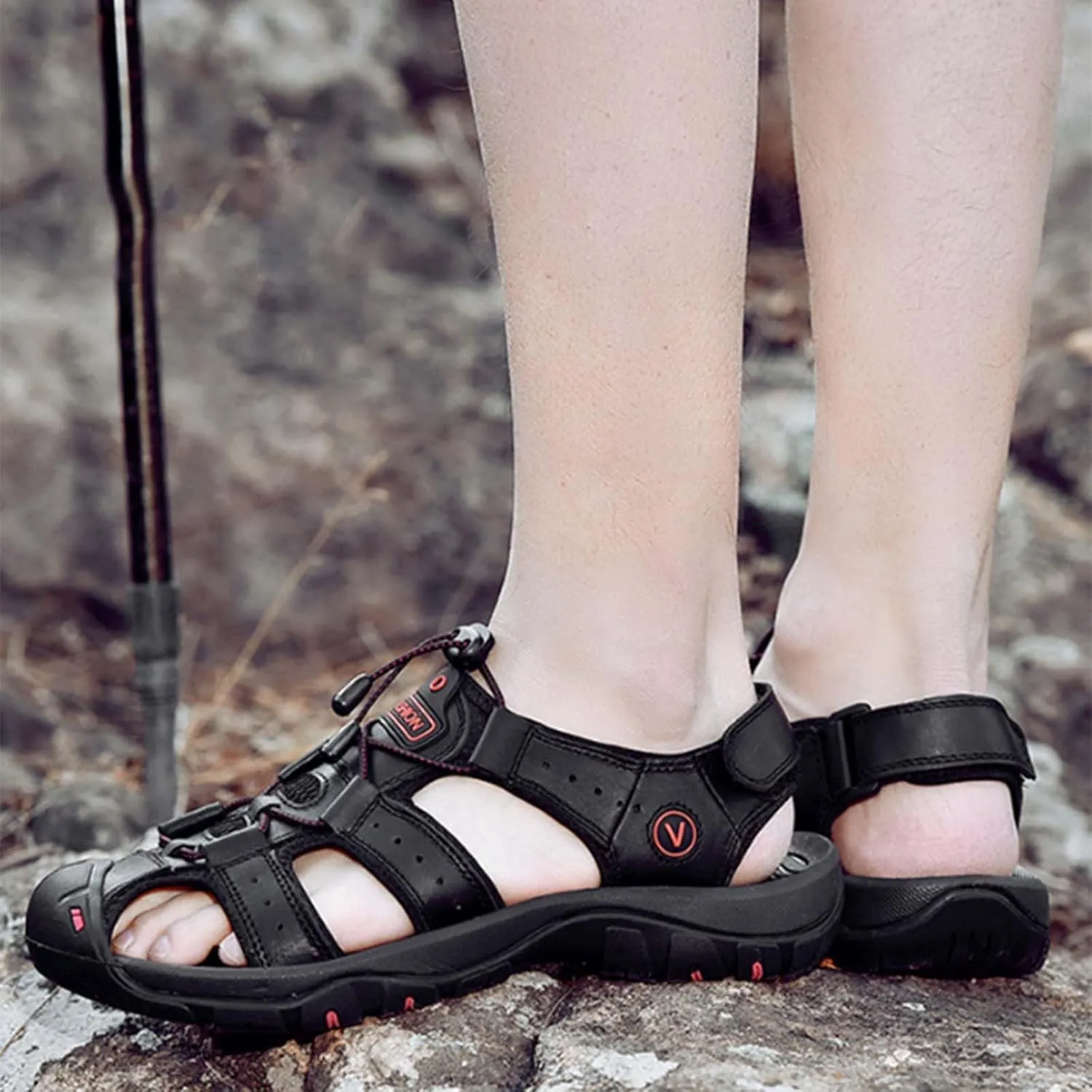Men's Sport Sandals Outdoor Hiking Sandals Closed Toe Leather Athletic Lightweight Slip On Walking Casual Shoes