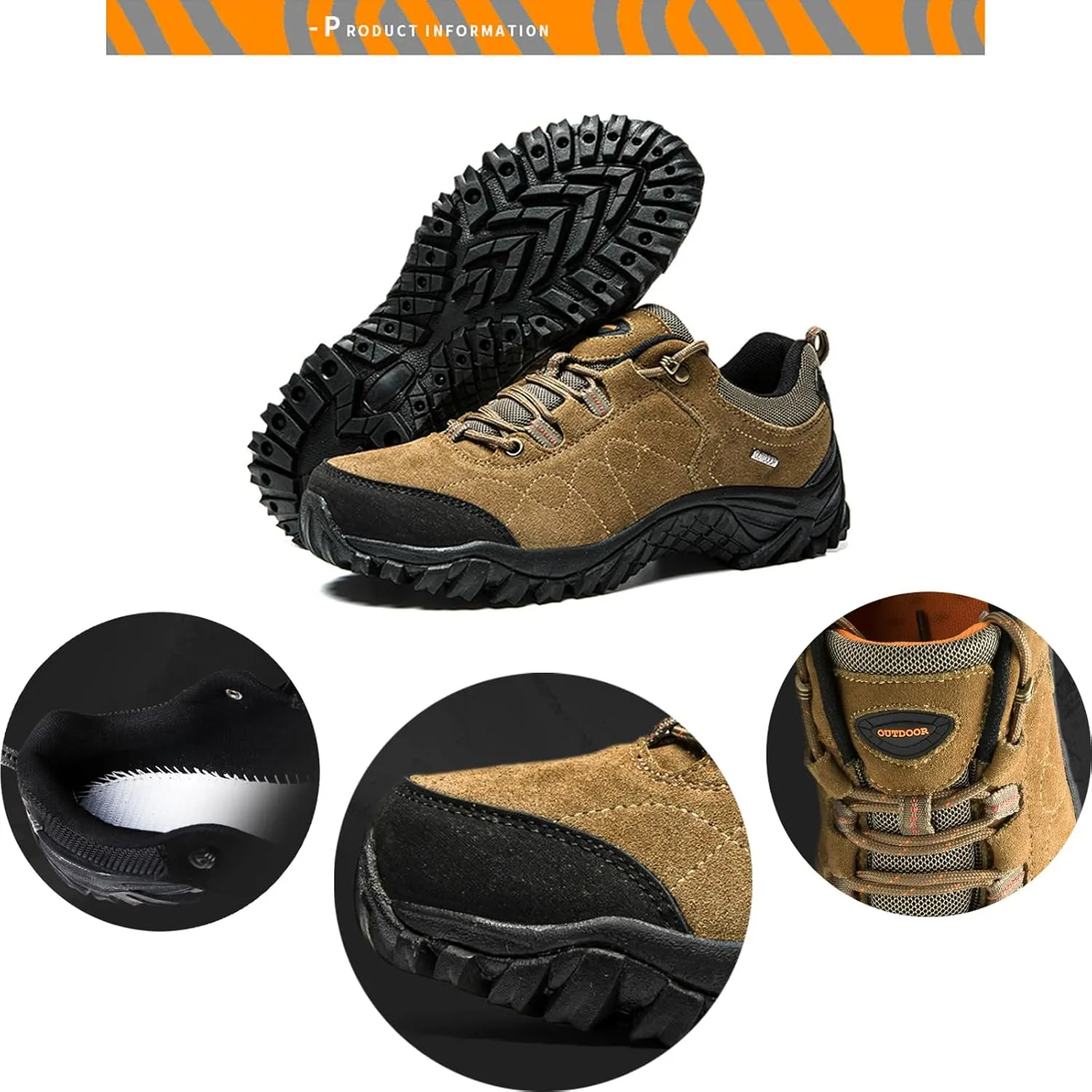 Men's Suede Low Top Hiking Shoes Non-Slip Lug Sole Breathable Lightweight Mountaineering Sneakers with Arch Support for Outdoors Trailing Trekking Camping Adventures Traveling