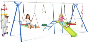 Merax Swing Sets for Backyard, 6 in 1 Swing Sets, 1500lbs Heavy-Duty Metal Swing Sets for Backyard with Climbing Rope ladder, Disc Swing, Monkey Bar Swing, Slide and Climbing, Saucer Swing, Swing Ring