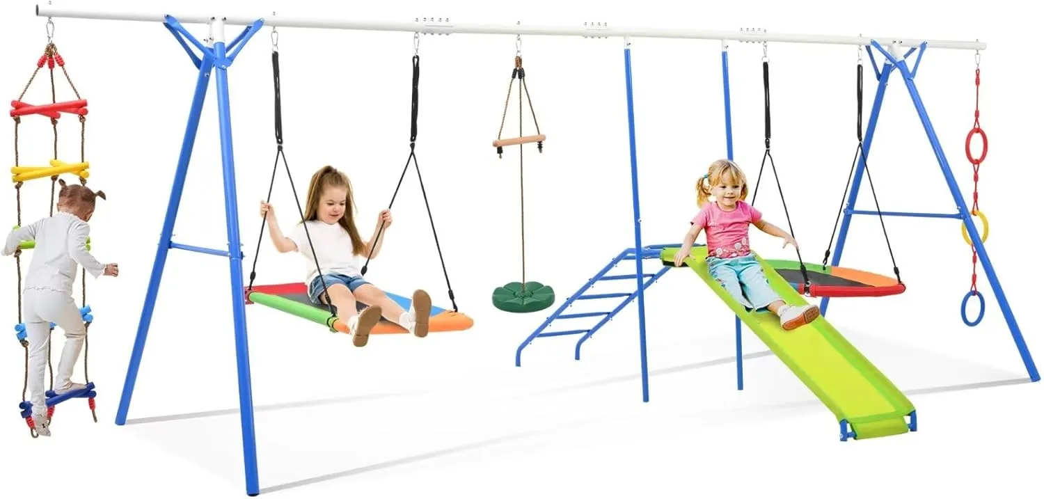 Merax Swing Sets for Backyard, 6 in 1 Swing Sets, 1500lbs Heavy-Duty Metal Swing Sets for Backyard with Climbing Rope ladder, Disc Swing, Monkey Bar Swing, Slide and Climbing, Saucer Swing, Swing Ring