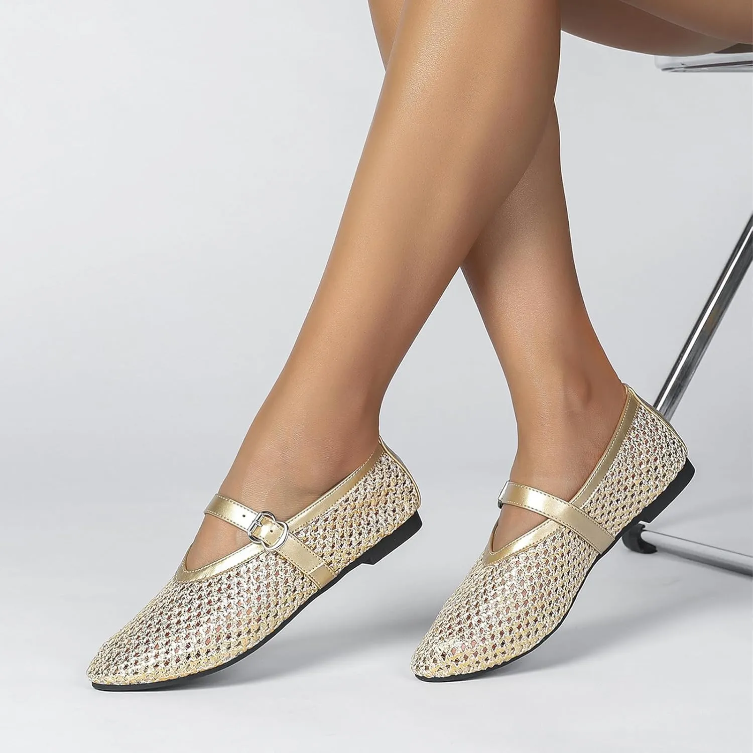 Mesh Ballet Flats for Women Round Toe Buckle Strap Comfy Casual Mesh Ballet Mary Jane Shoes Summer Flats Shoes