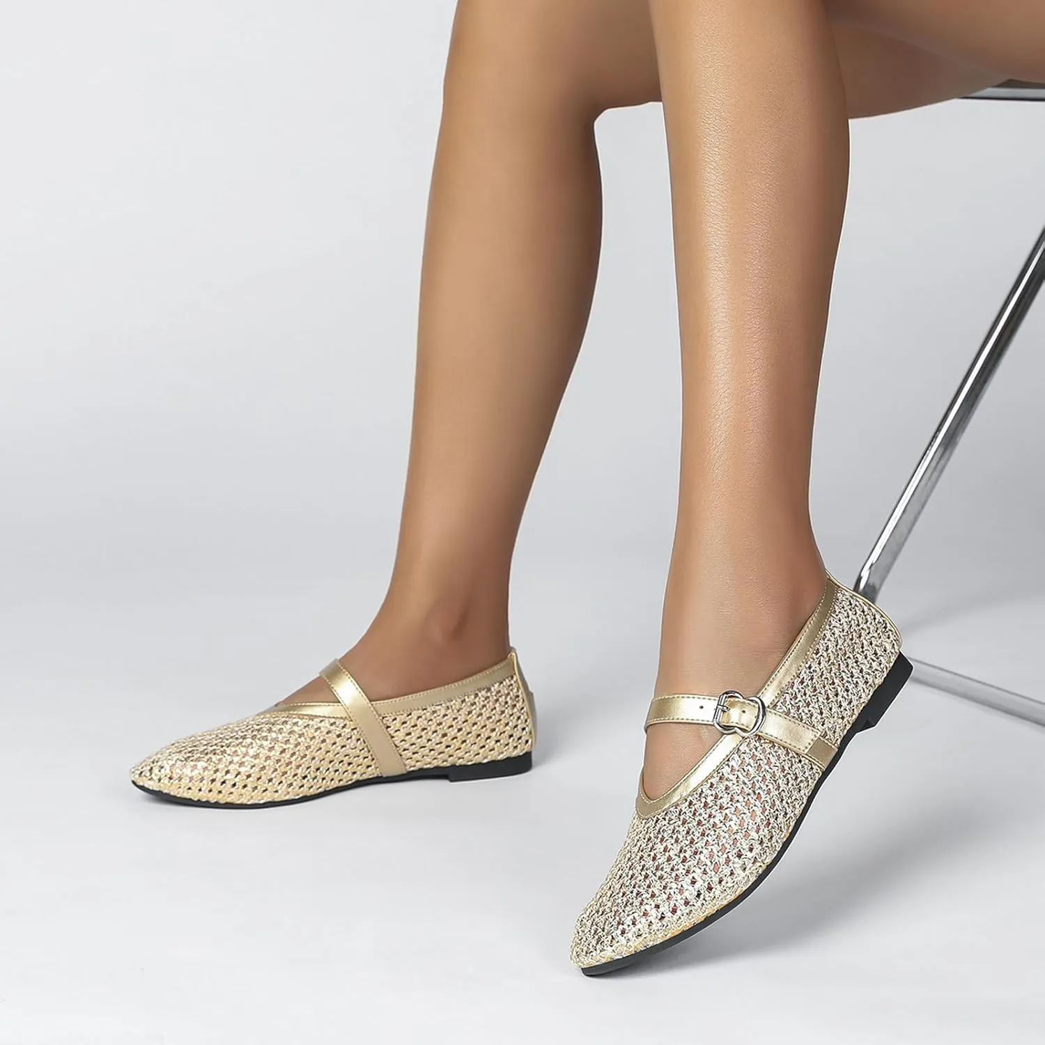 Mesh Ballet Flats for Women Round Toe Buckle Strap Comfy Casual Mesh Ballet Mary Jane Shoes Summer Flats Shoes
