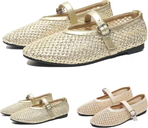 Mesh Ballet Flats for Women Round Toe Buckle Strap Comfy Casual Mesh Ballet Mary Jane Shoes Summer Flats Shoes