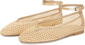 Mesh Ballet Flats for Women Round Toe Buckle Strap Fishnet Mary Jane Flats Comfy Casual Office Womens Summer Flats Shoes