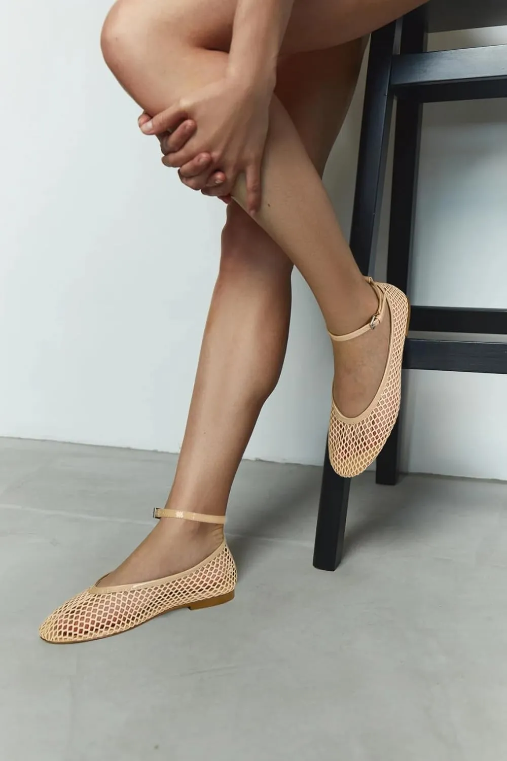 Mesh Ballet Flats for Women Round Toe Buckle Strap Fishnet Mary Jane Flats Comfy Casual Office Womens Summer Flats Shoes