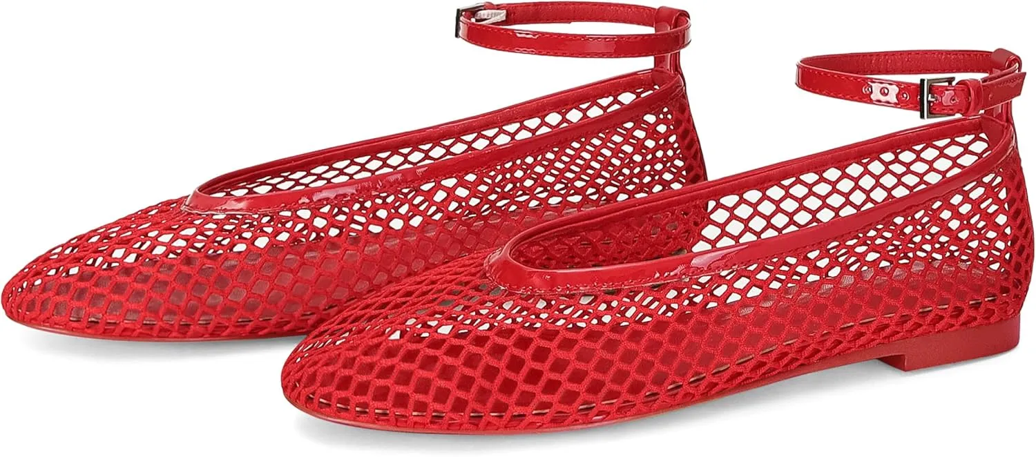 Mesh Ballet Flats for Women Round Toe Buckle Strap Fishnet Mary Jane Flats Comfy Casual Office Womens Summer Flats Shoes