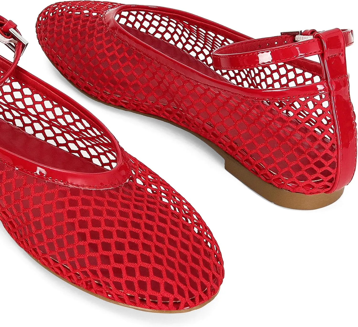 Mesh Ballet Flats for Women Round Toe Buckle Strap Fishnet Mary Jane Flats Comfy Casual Office Womens Summer Flats Shoes