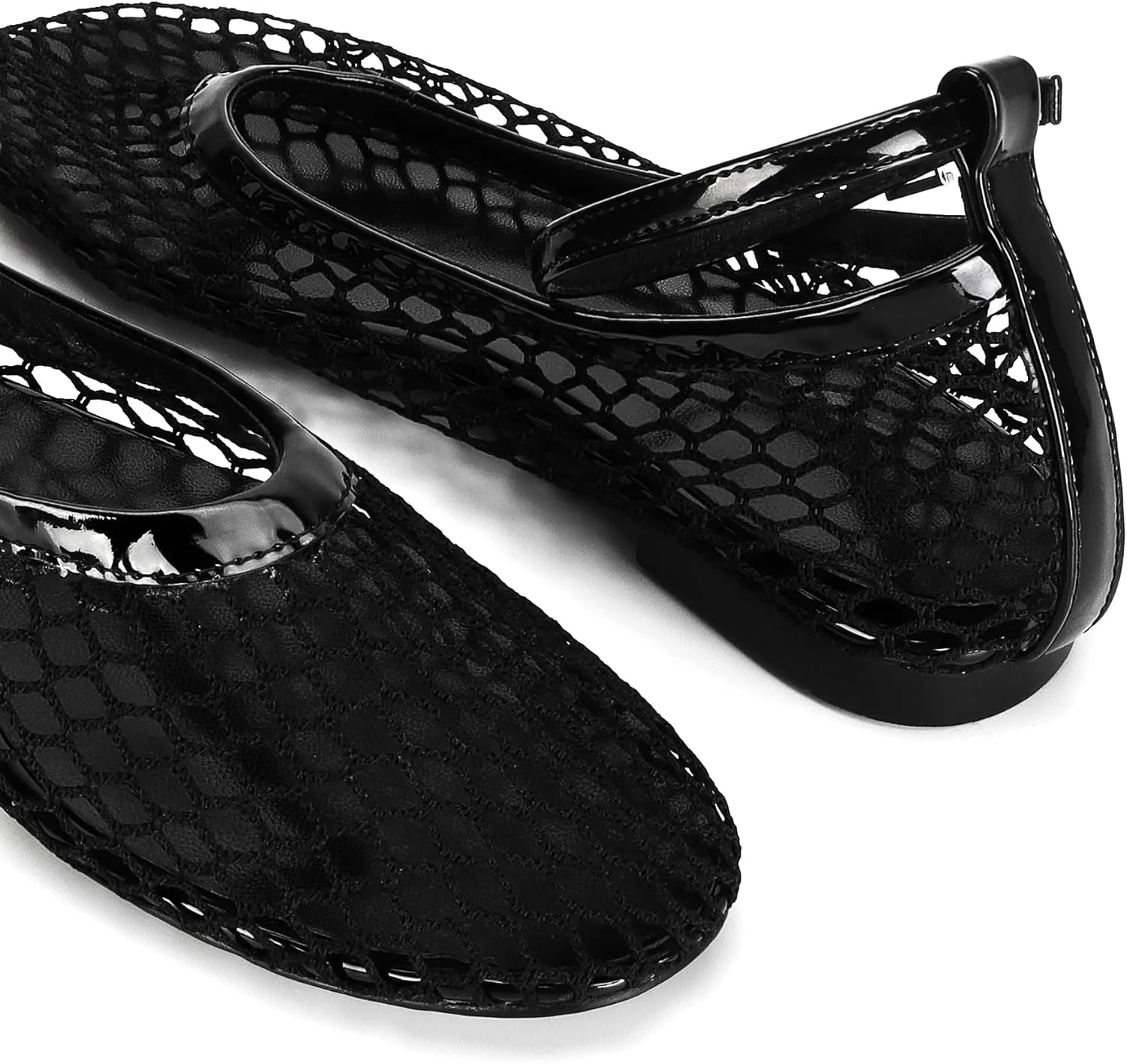 Mesh Ballet Flats for Women Round Toe Buckle Strap Fishnet Mary Jane Flats Comfy Casual Office Womens Summer Flats Shoes