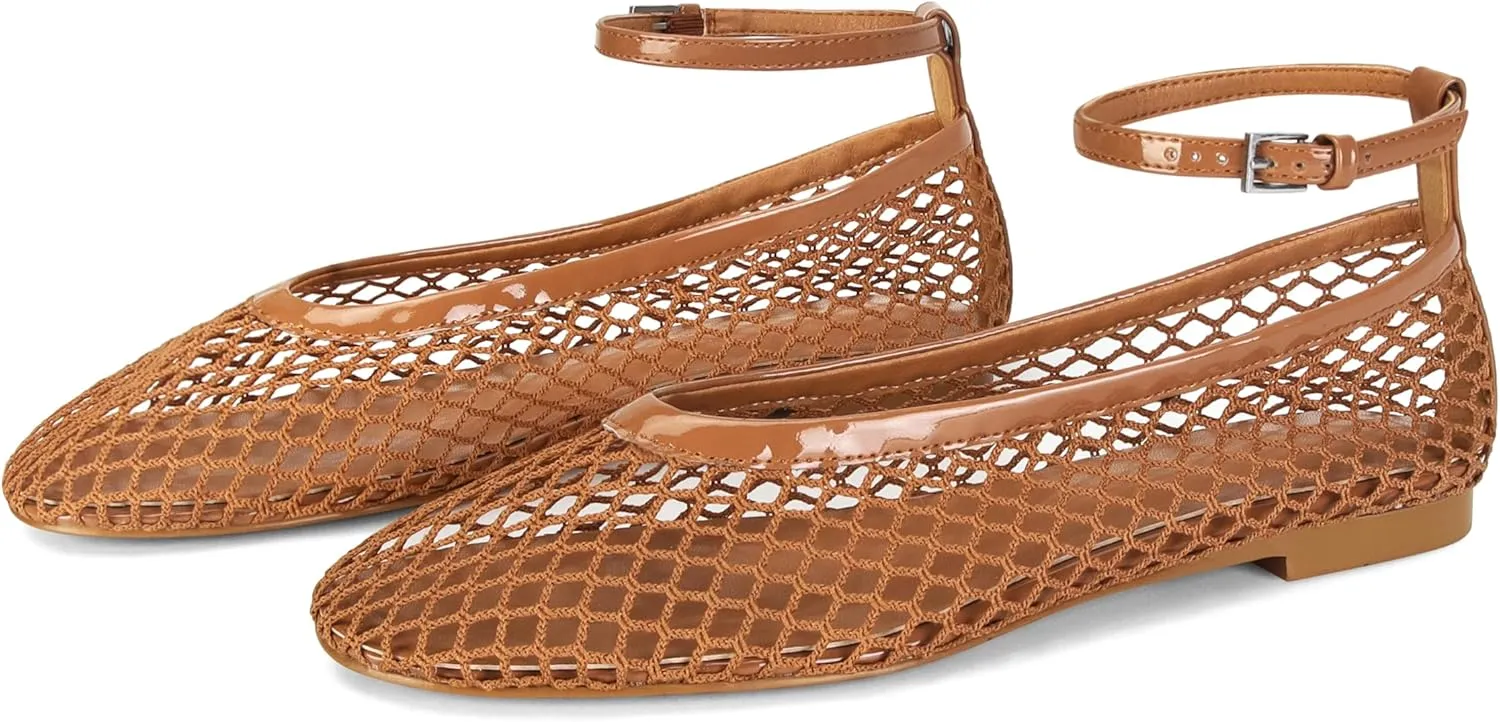 Mesh Ballet Flats for Women Round Toe Buckle Strap Fishnet Mary Jane Flats Comfy Casual Office Womens Summer Flats Shoes