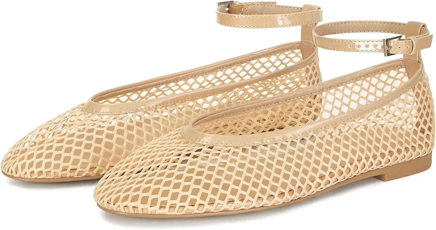 Mesh Ballet Flats for Women Round Toe Buckle Strap Fishnet Mary Jane Flats Comfy Casual Office Womens Summer Flats Shoes