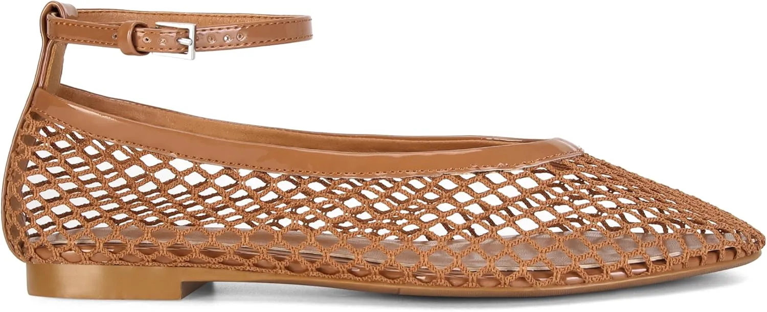 Mesh Ballet Flats for Women Round Toe Buckle Strap Fishnet Mary Jane Flats Comfy Casual Office Womens Summer Flats Shoes