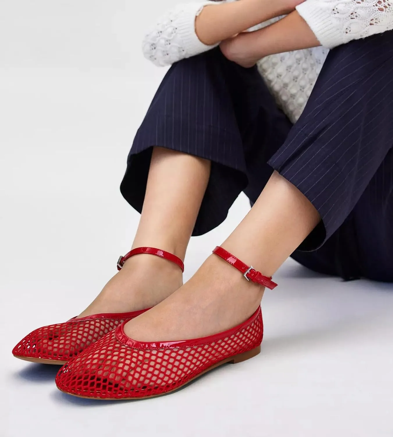 Mesh Ballet Flats for Women Round Toe Buckle Strap Fishnet Mary Jane Flats Comfy Casual Office Womens Summer Flats Shoes