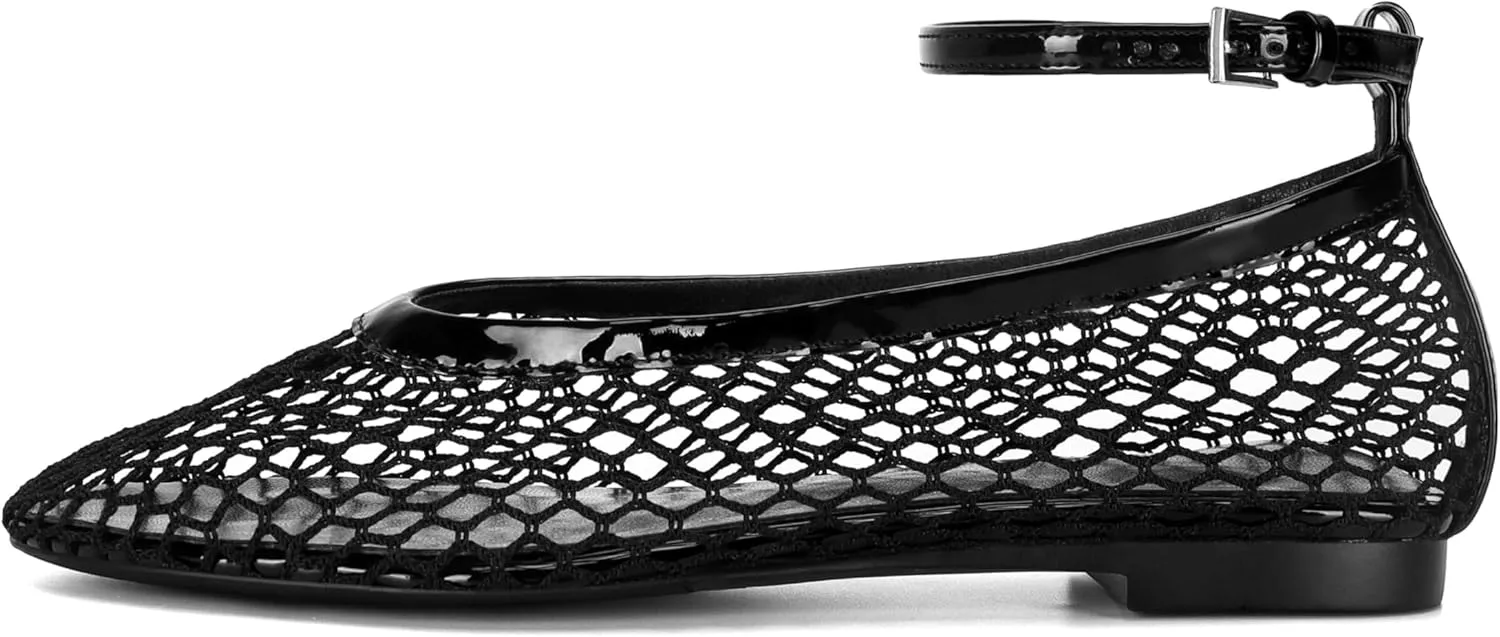 Mesh Ballet Flats for Women Round Toe Buckle Strap Fishnet Mary Jane Flats Comfy Casual Office Womens Summer Flats Shoes