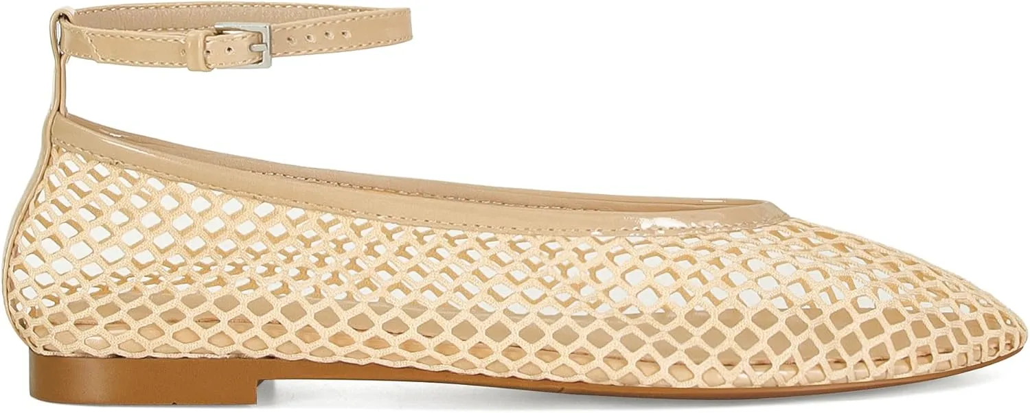 Mesh Ballet Flats for Women Round Toe Buckle Strap Fishnet Mary Jane Flats Comfy Casual Office Womens Summer Flats Shoes