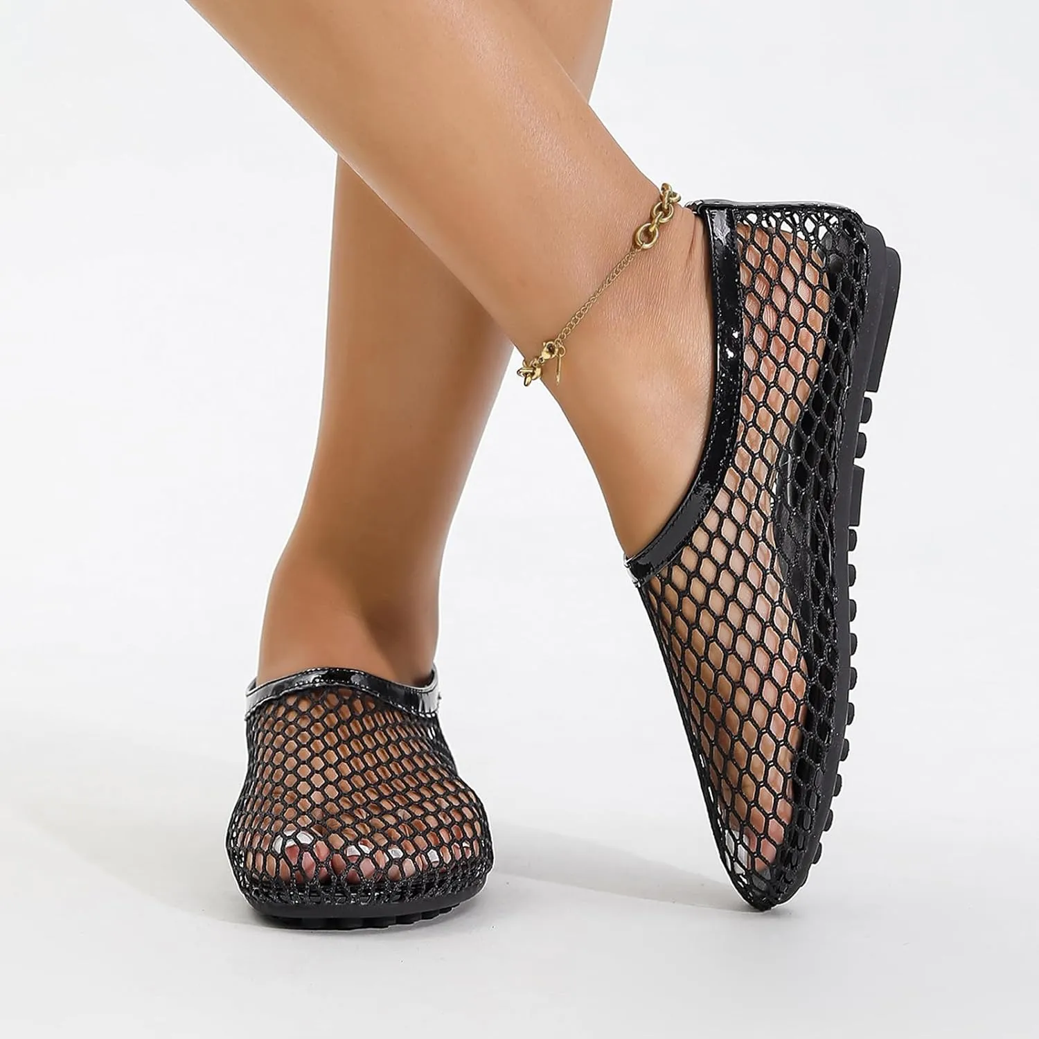 Mesh Ballet Flats for Women Round Toe Fishnet Ballerina Casual Fishnet Flat Shoes Comfy Slip on Flats