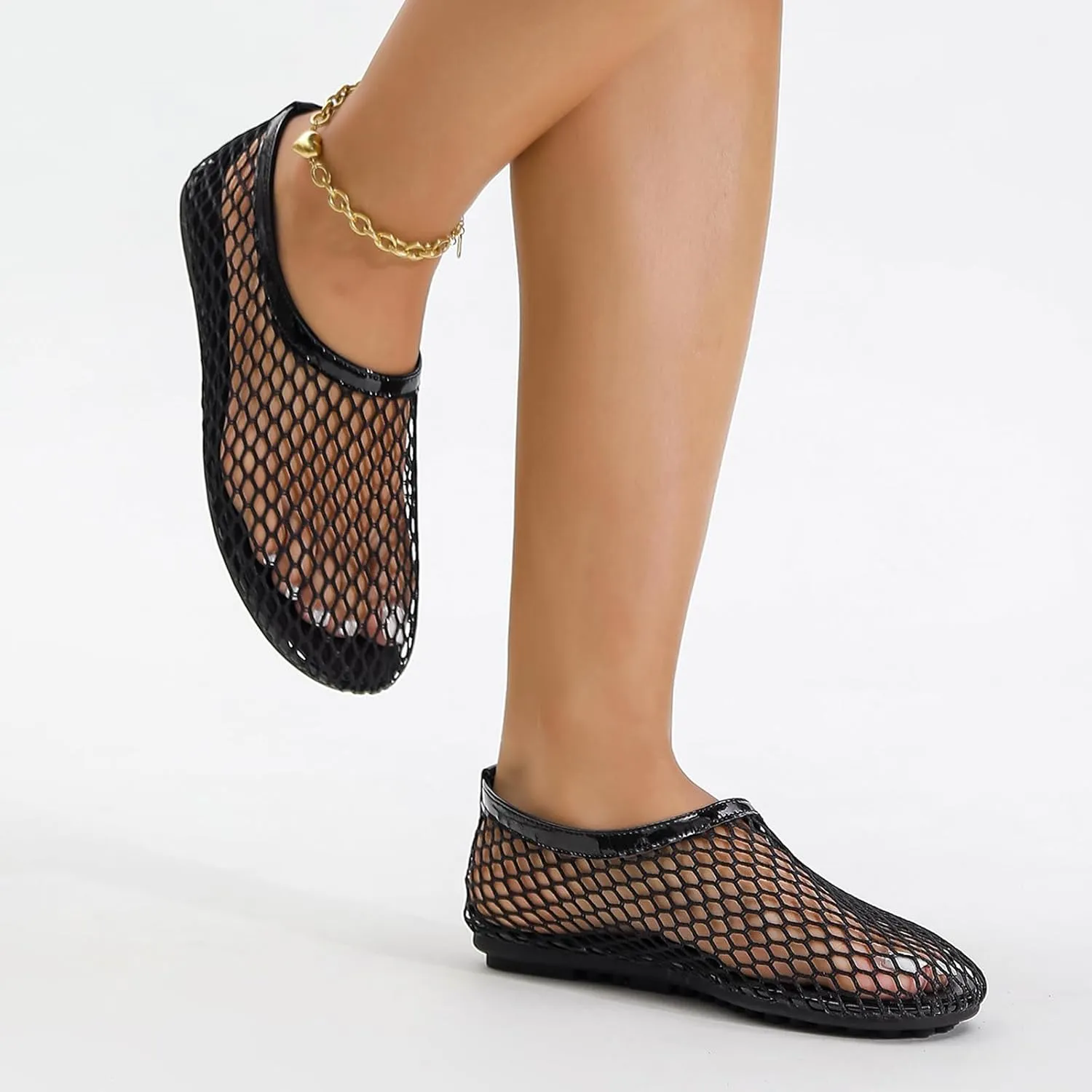 Mesh Ballet Flats for Women Round Toe Fishnet Ballerina Casual Fishnet Flat Shoes Comfy Slip on Flats