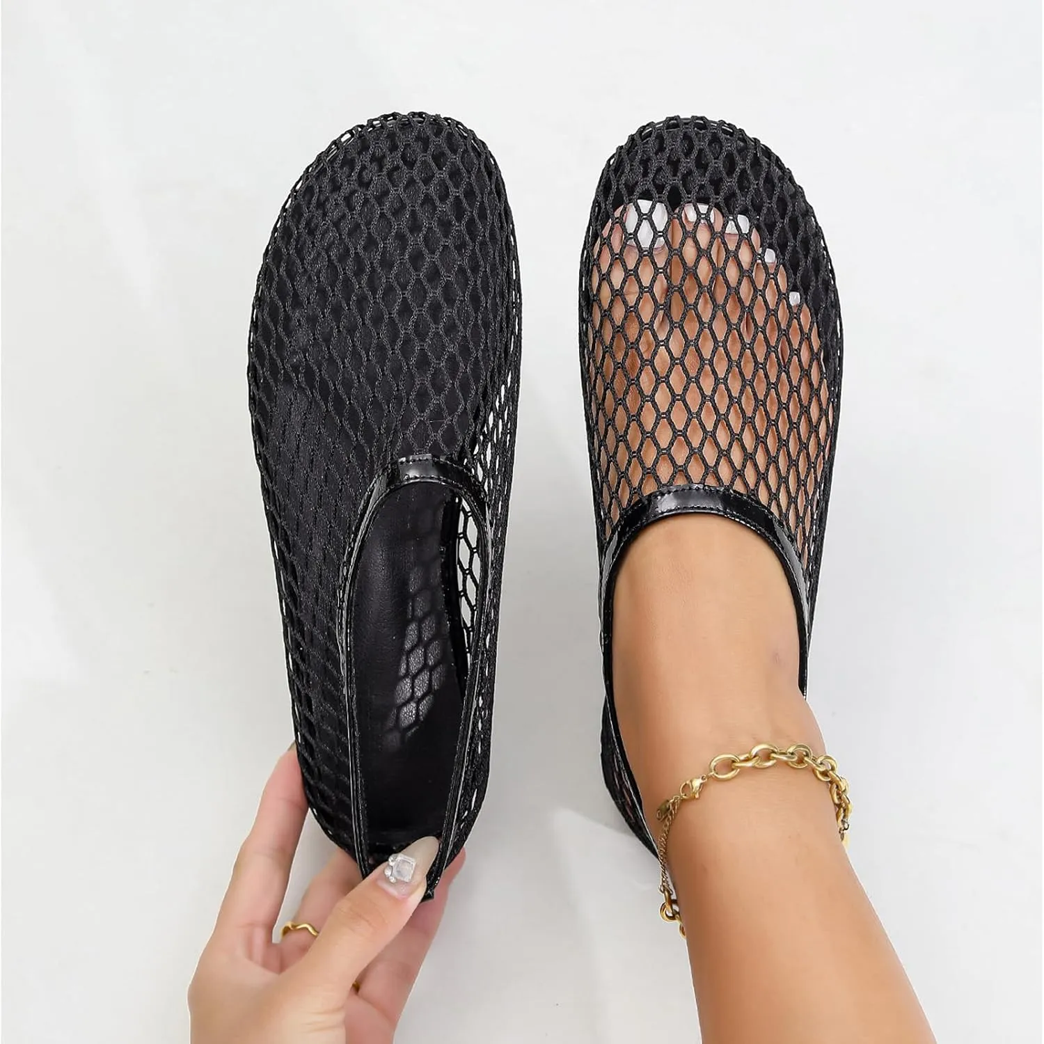 Mesh Ballet Flats for Women Round Toe Fishnet Ballerina Casual Fishnet Flat Shoes Comfy Slip on Flats