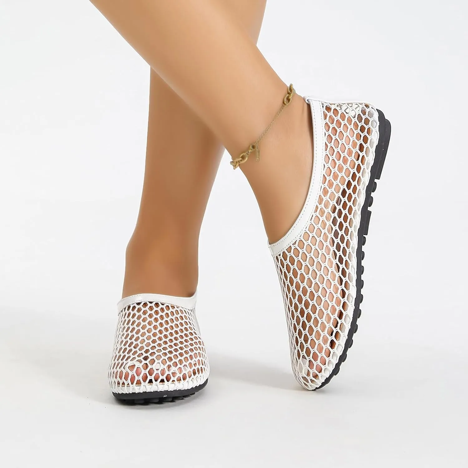 Mesh Ballet Flats for Women Round Toe Fishnet Ballerina Casual Fishnet Flat Shoes Comfy Slip on Flats