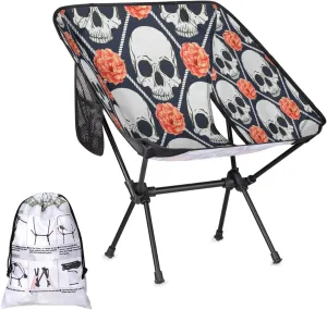 Mesh Skulls Flowers Portable Camping Chair Backpacking Chair for Adults Outdoor Folding Camping Chairs for Patio Camp Lawn Beach Travel Hiking