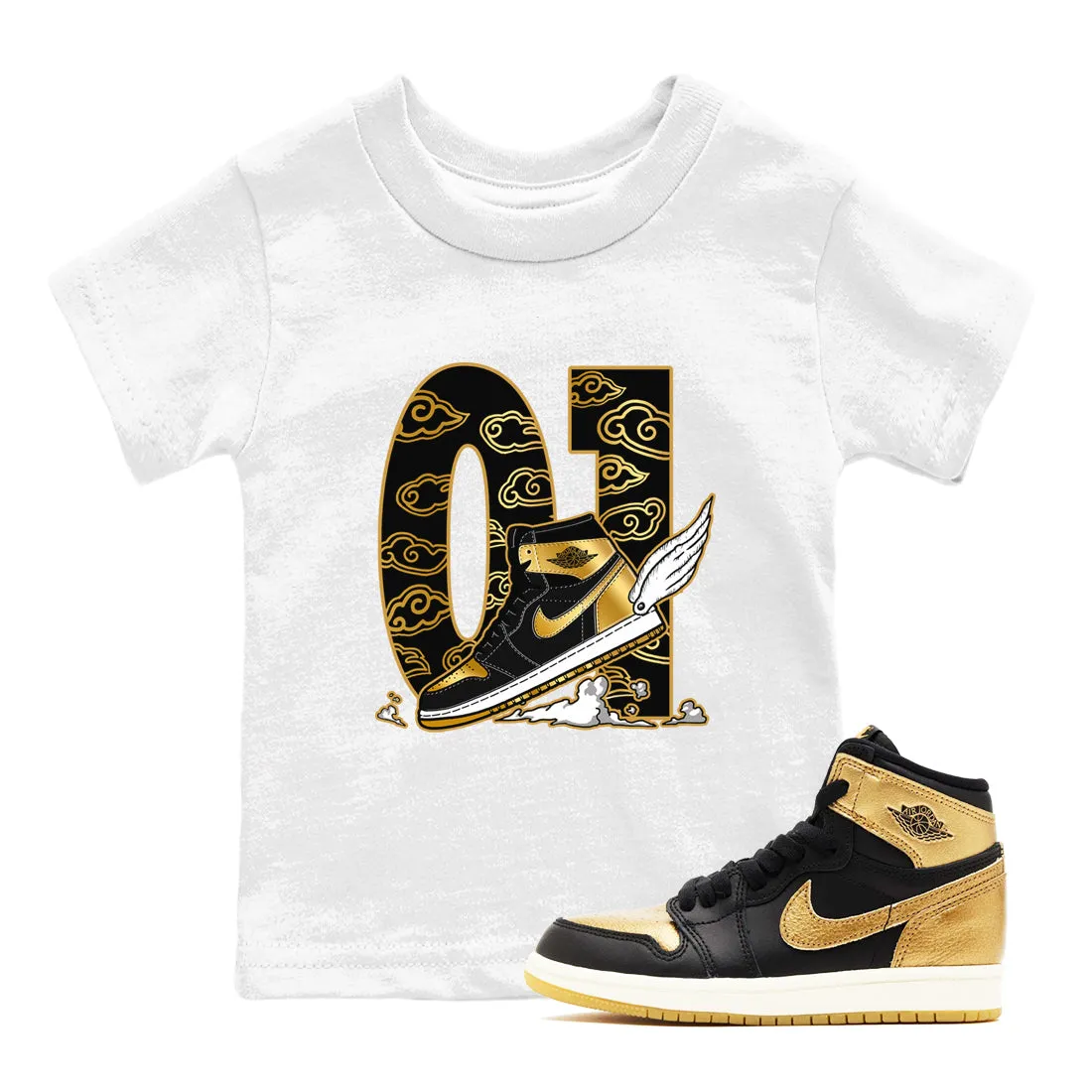 Metallic - Gold Kids Durable materials Sneaker Invitation-only sale Air The Clouds Fly SNRT Tees To Jordan 1 Black