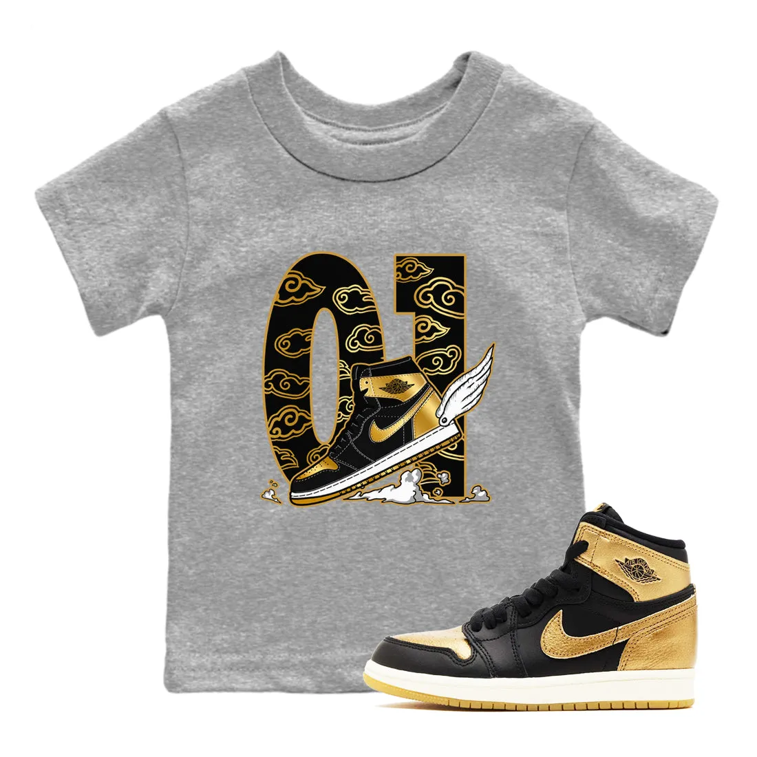 Metallic - Gold Kids Durable materials Sneaker Invitation-only sale Air The Clouds Fly SNRT Tees To Jordan 1 Black