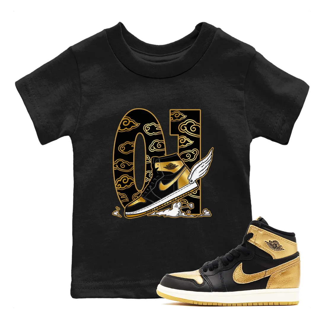 Metallic - Gold Kids Durable materials Sneaker Invitation-only sale Air The Clouds Fly SNRT Tees To Jordan 1 Black