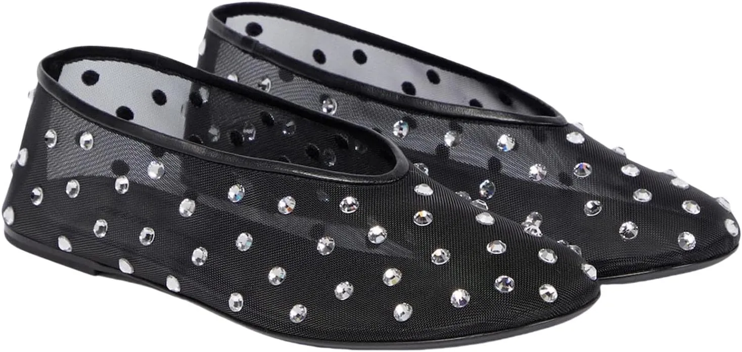 MICIFA Crystal Mesh Ballet Flats for Women Rhinestone Flat Shoes Round Toe Sparkly Ballerina Shoes Mesh Glitter Casual Wedding Dress Flats