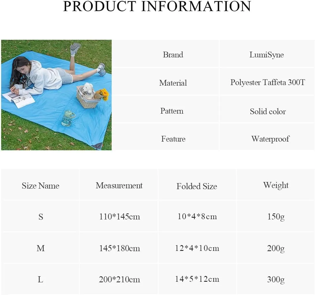 Mini Pocket Picnic Blanket with 4 Fixed Stakes Foldable Portable Picnic Mat Rug Lightweight Waterproof Beach Blanket Multifunctional Thin Ground Sheet for Camping Hiking Travel
