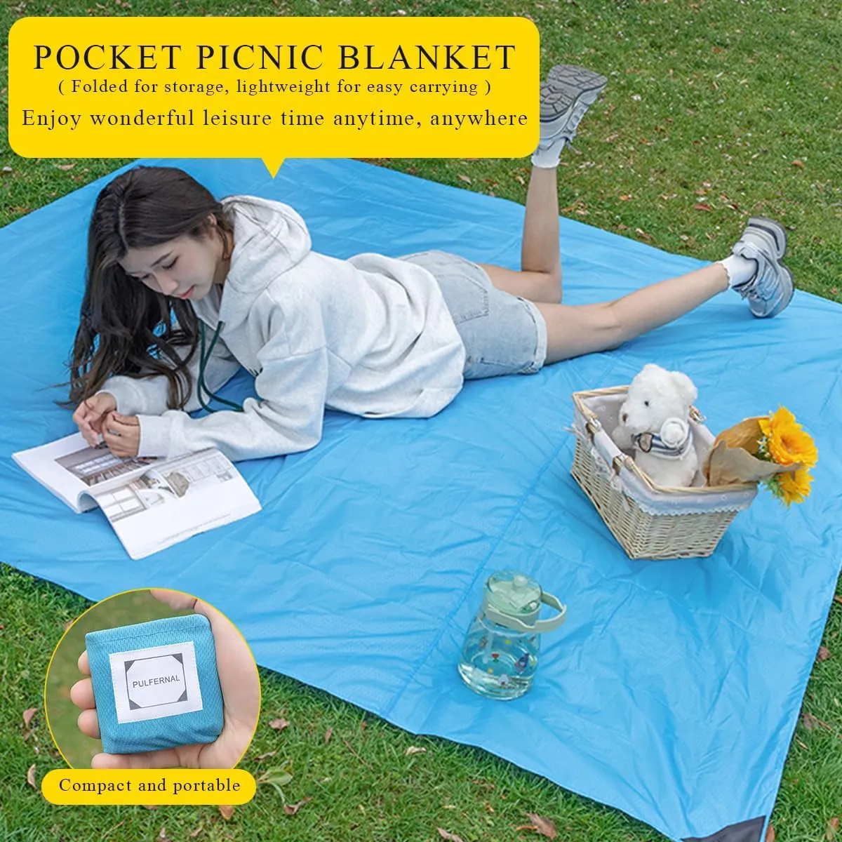 Mini Pocket Picnic Blanket with 4 Fixed Stakes Foldable Portable Picnic Mat Rug Lightweight Waterproof Beach Blanket Multifunctional Thin Ground Sheet for Camping Hiking Travel