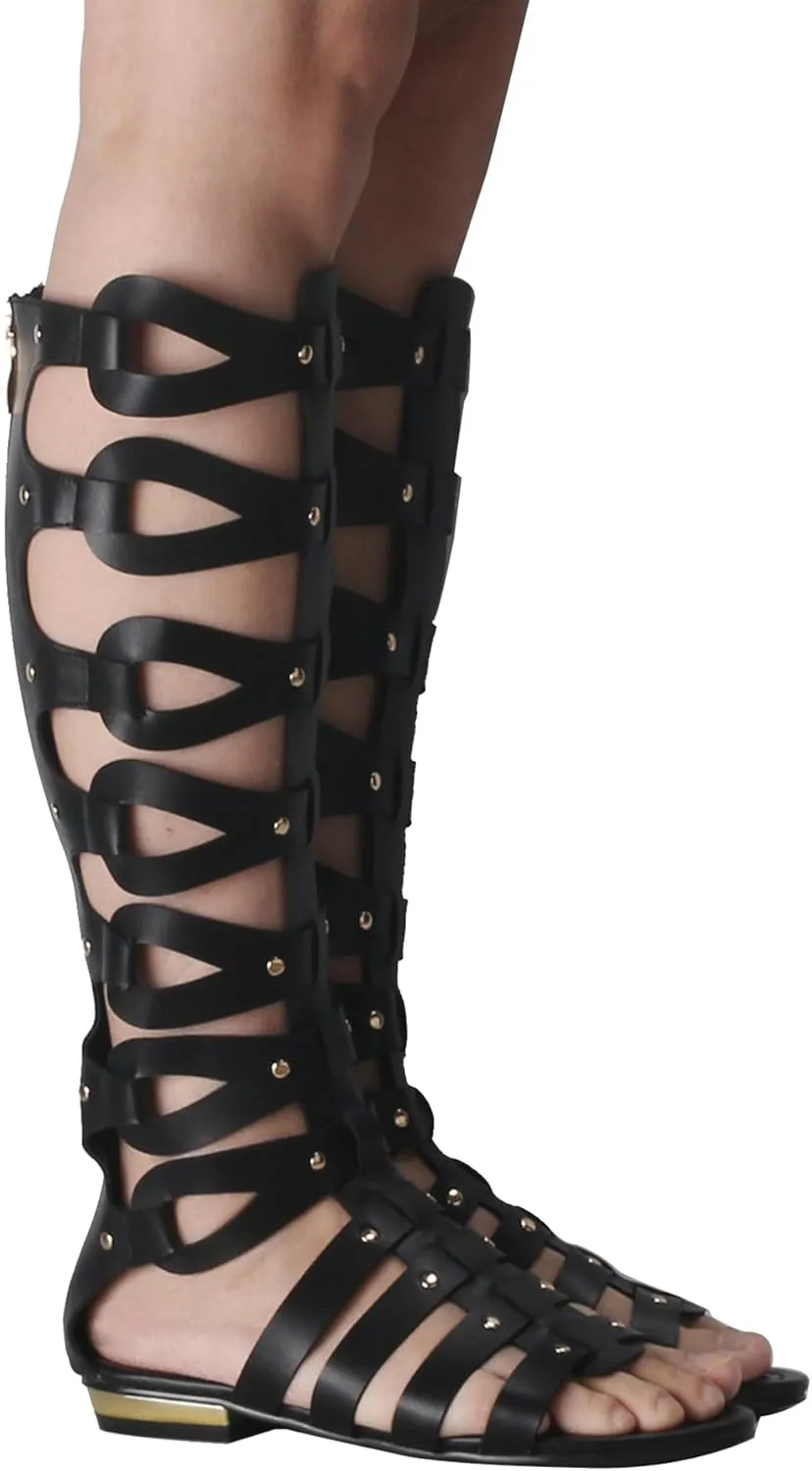 Minishion Womens Gladiator Sandals Flat Knee High Summer Dress Boots with Zip TM001