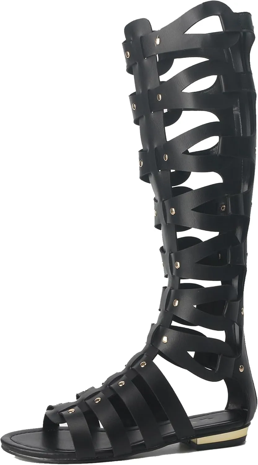 Minishion Womens Gladiator Sandals Flat Knee High Summer Dress Boots with Zip TM001