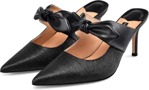 MIRAAZZURRA Bow Heel Mules Pumps Raffia Pointed Toe Stiletto High Heels Slip On Mules for Women Bridal Wedding Dress Party
