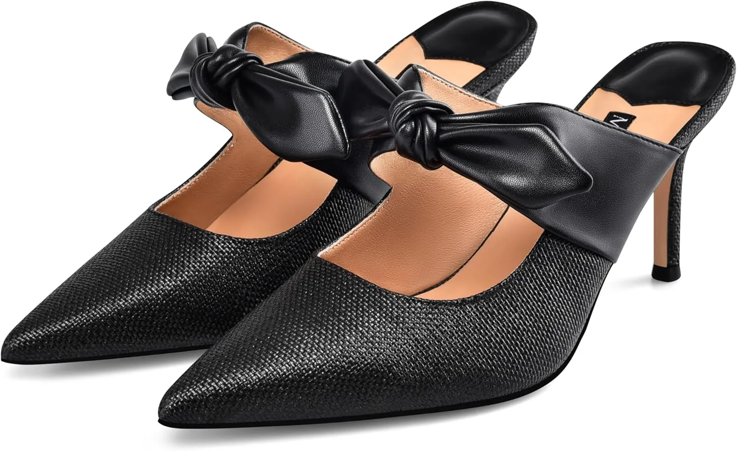 MIRAAZZURRA Bow Heel Mules Pumps Raffia Pointed Toe Stiletto High Heels Slip On Mules for Women Bridal Wedding Dress Party