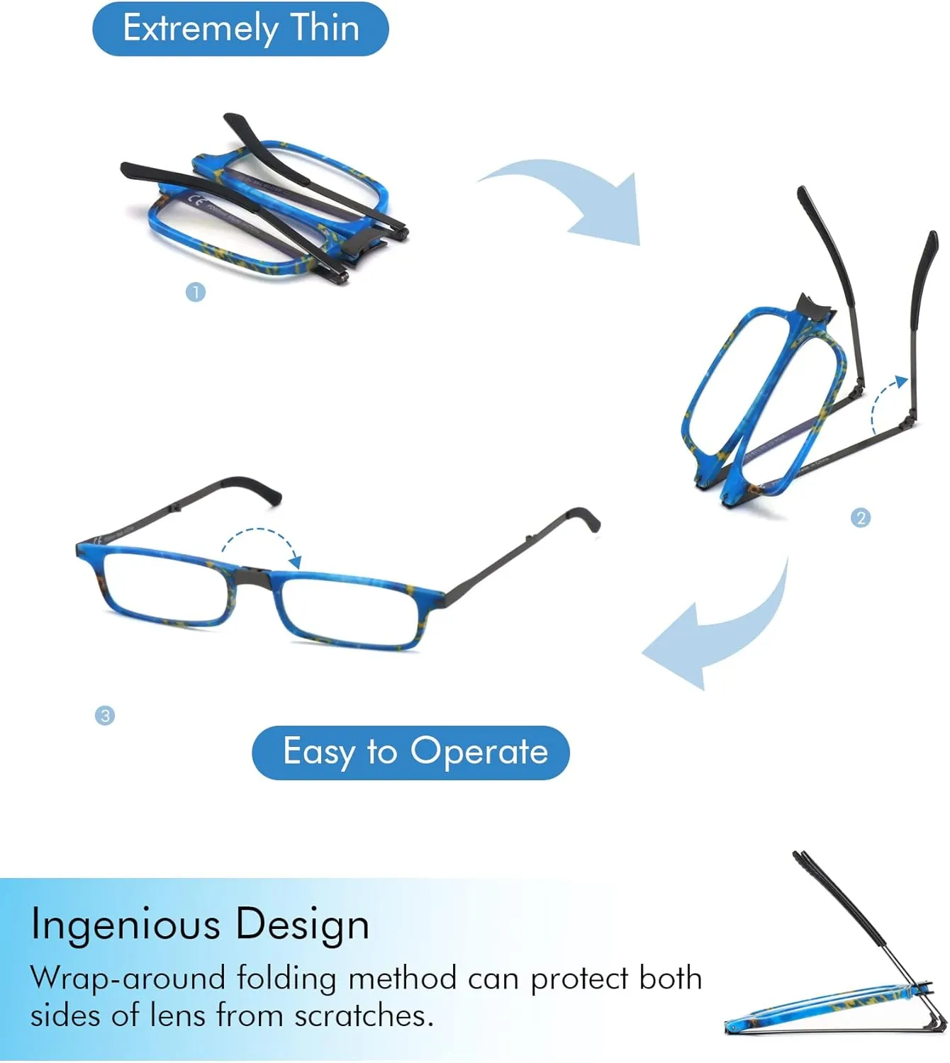 Missfive Modern Folding Reading Glasses For Women Men Blue Light Blocking, Anti UV/Eyestrain Fashion Pattern Print, Foldable Thin Lightweight Portable Readers Pocket Travel Eyeglasses,2.0x,Blue