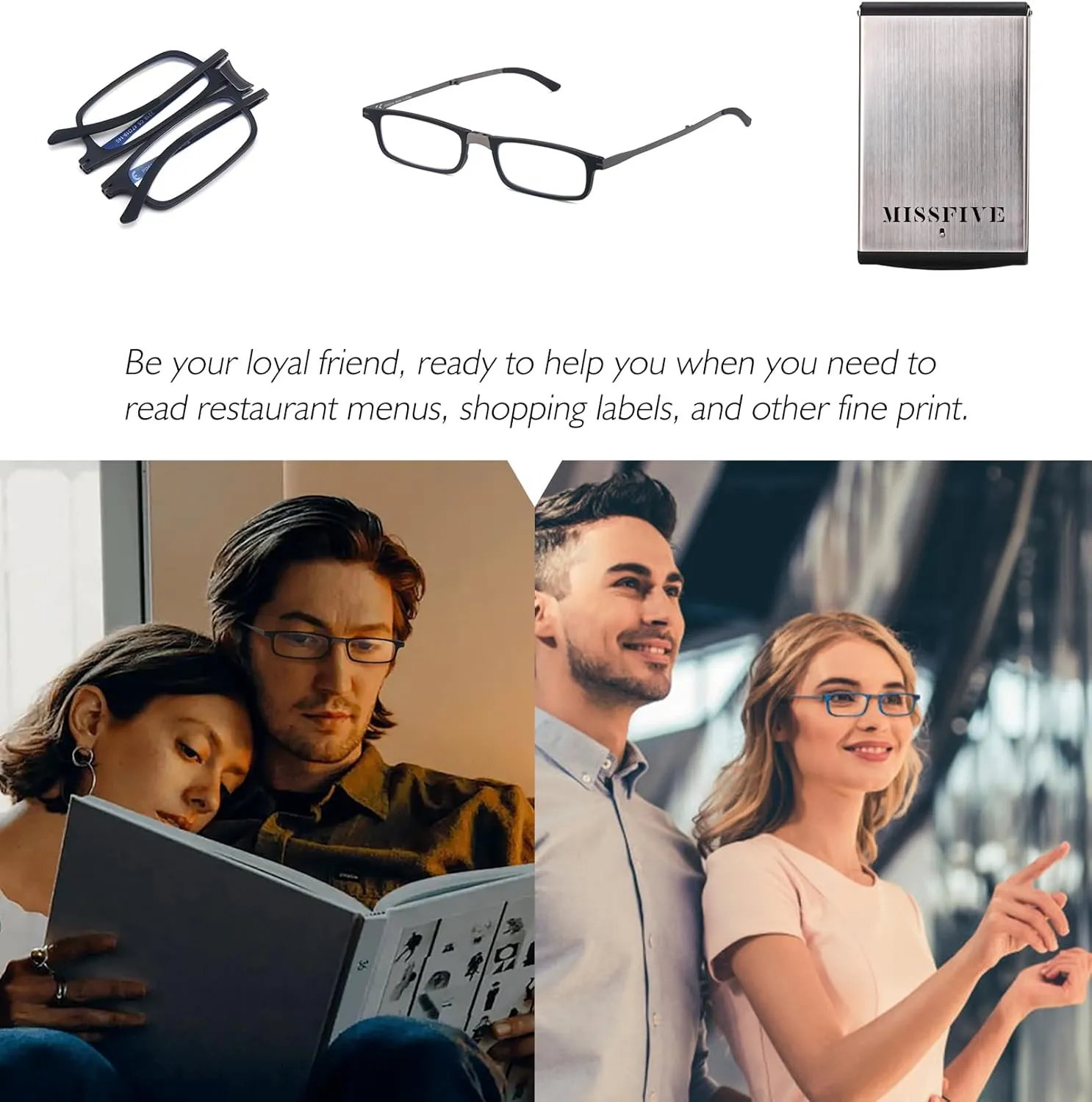 Missfive Premium Folding Reading Glasses,Ultra thin Lightweight Foldable Portable readers for Men Women,Travel Pocket Metal Case Blue 1.0x