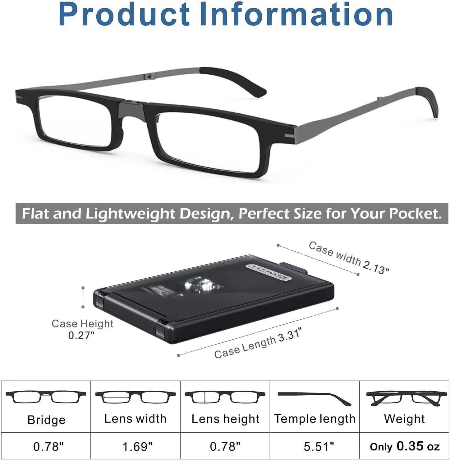 Missfive Ultra Thin Folding Reading Glasses for Men Women Pocket   Upgrade Portable Flat Hard Case, Designer Foldable Lightweight Readers Durable TR90 Metal Collapsible Travel Eyeglasses, 2.25x