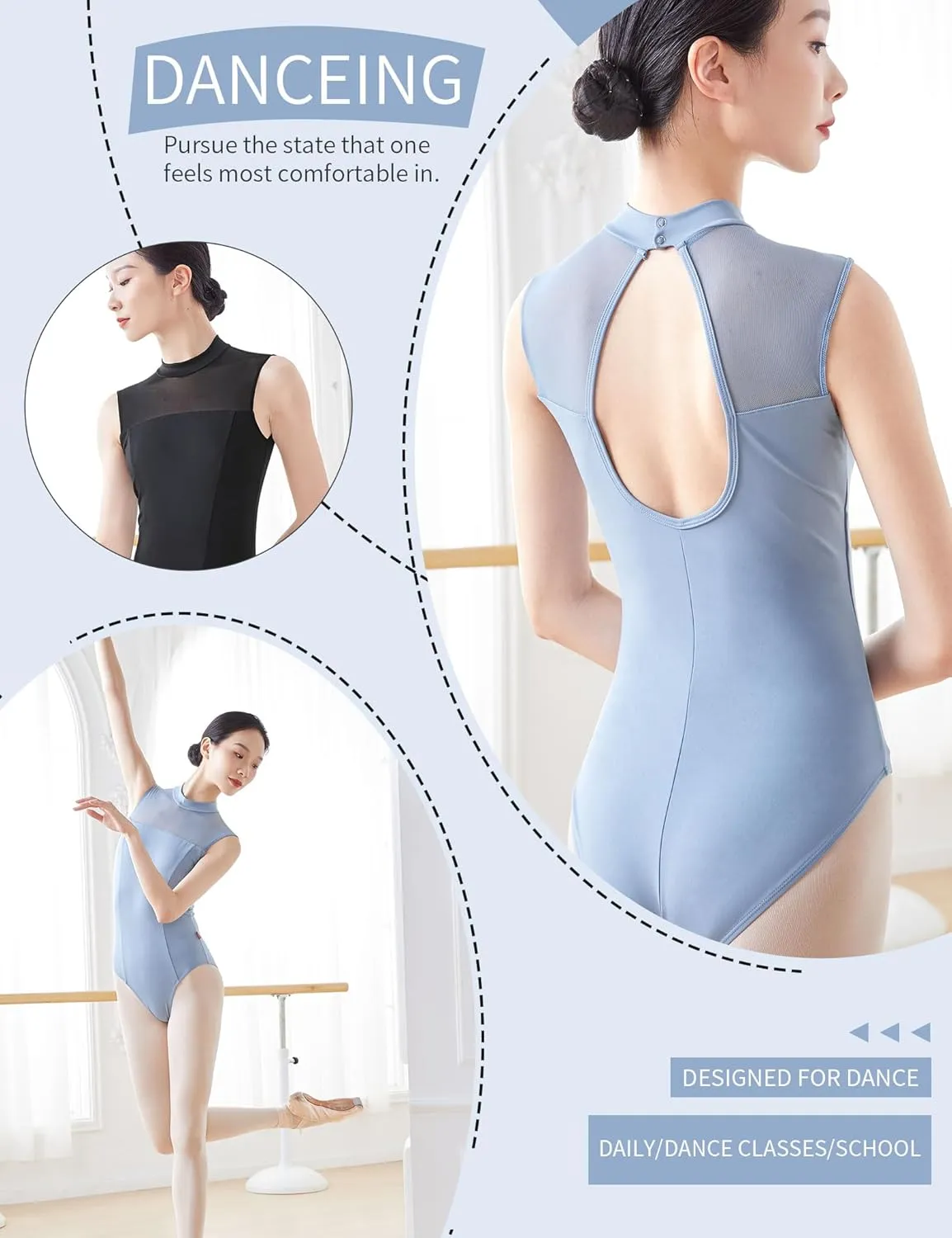 Mock Neck Teen Girls Women Leotards for Ballet, Adult Sleeveless Spandex Dance Bodysuit