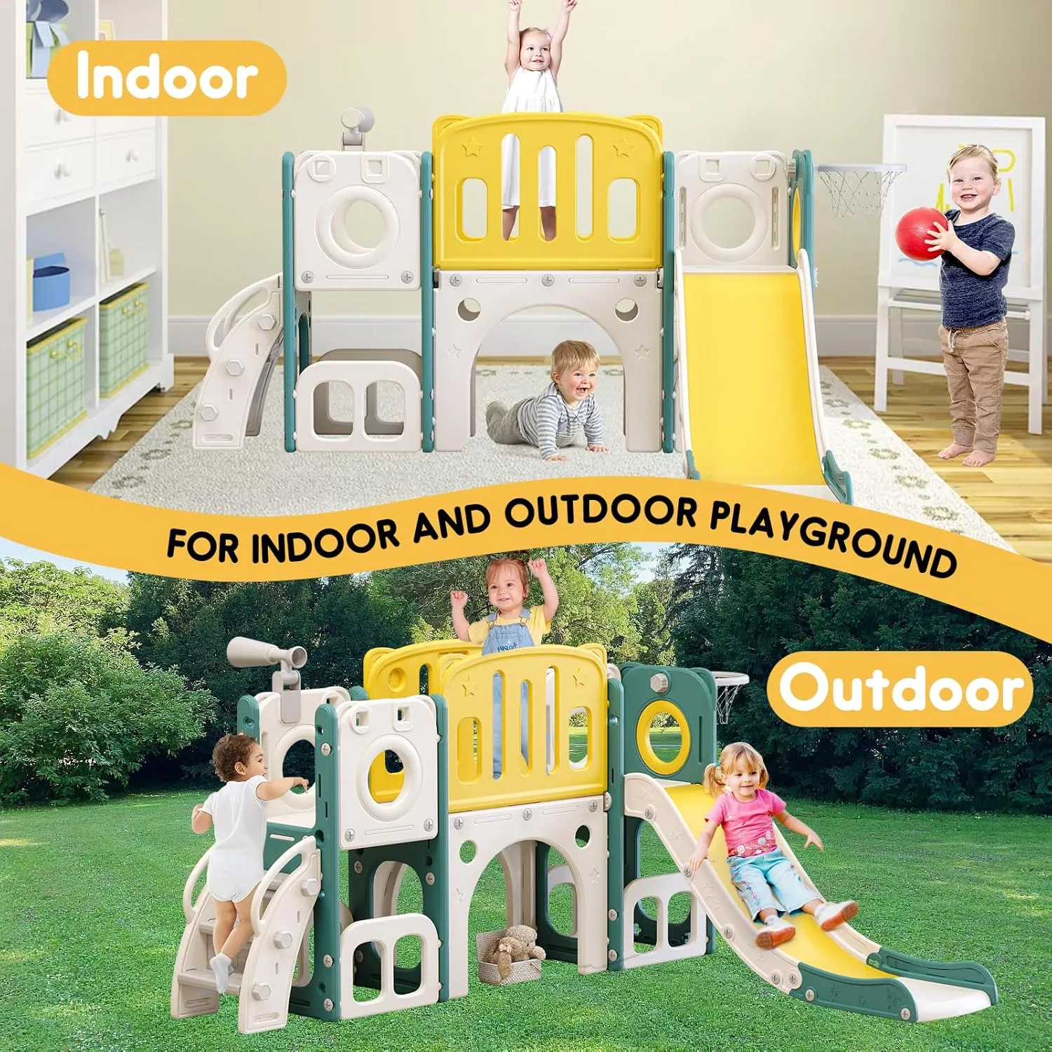 MOCUTEEN 8 in 1 Toddler Slide,Baby Playset for Indoor Outdoor Playground with Basketball Hoop,Storage and Telescope,Climbing Toys for Toddler Playground Playset