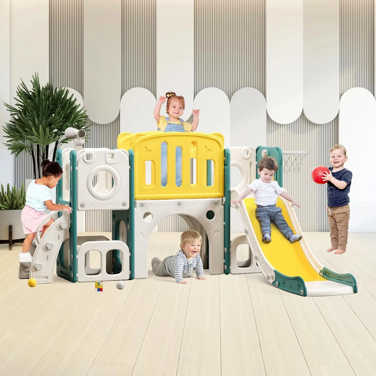 MOCUTEEN 8 in 1 Toddler Slide,Baby Playset for Indoor Outdoor Playground with Basketball Hoop,Storage and Telescope,Climbing Toys for Toddler Playground Playset