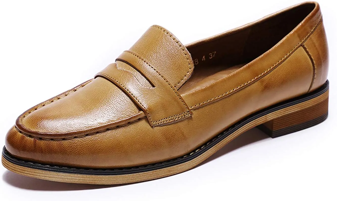 Mona flying Women's Classy Leather Penny Loafer Dress Casual Slip on Flat Office Work Shoes for Ladies