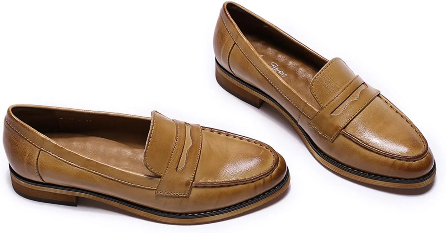 Mona flying Women's Classy Leather Penny Loafer Dress Casual Slip on Flat Office Work Shoes for Ladies