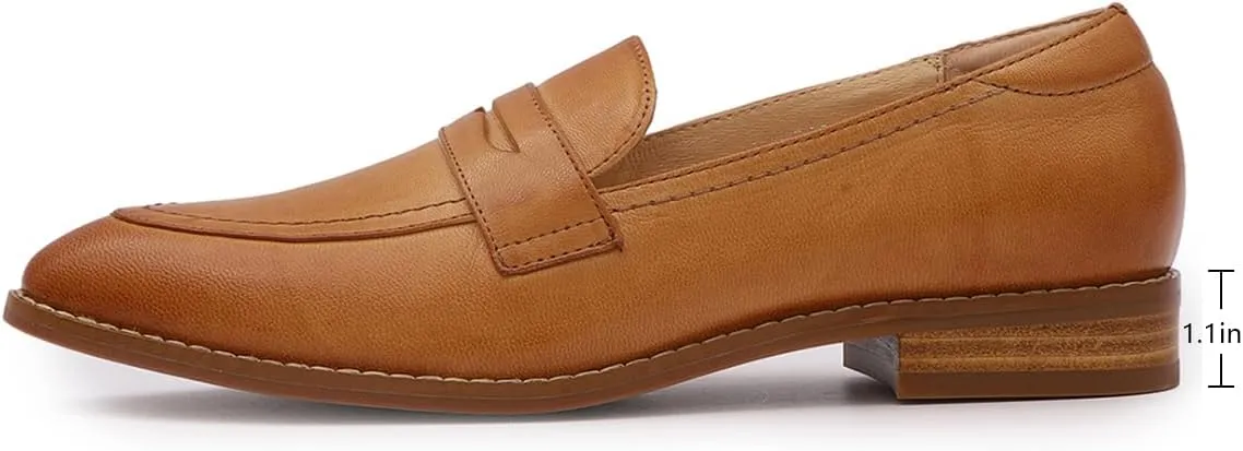 Mona flying Women's Leather Pointed Toe Penny Loafer Dress Casual Slip on Flat Office Work Shoes for Ladies