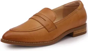 Mona flying Women's Leather Pointed Toe Penny Loafer Dress Casual Slip on Flat Office Work Shoes for Ladies